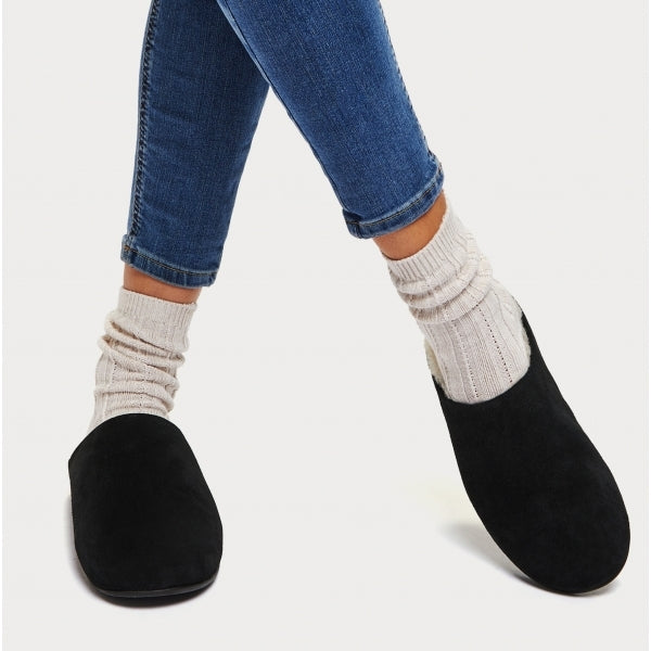 CHRISSIE SHEARLING Womens Suede Mule Slippers Black