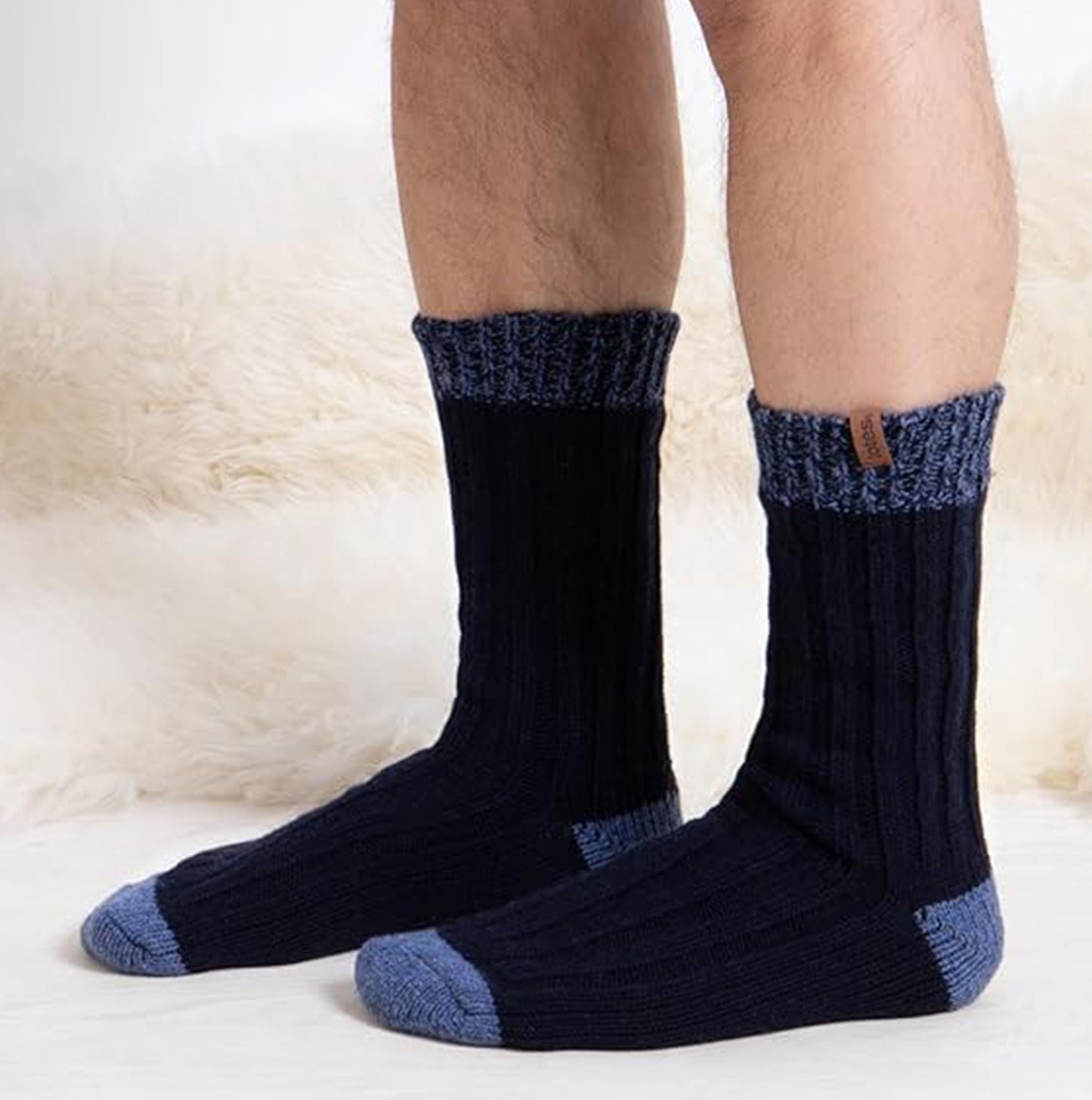 Totes Toasties 3281J CHUNKY TWIST WOOL BLEND BOOT SOCKS (TWIN PACK) Mens Thermal Socks Navy / Grey