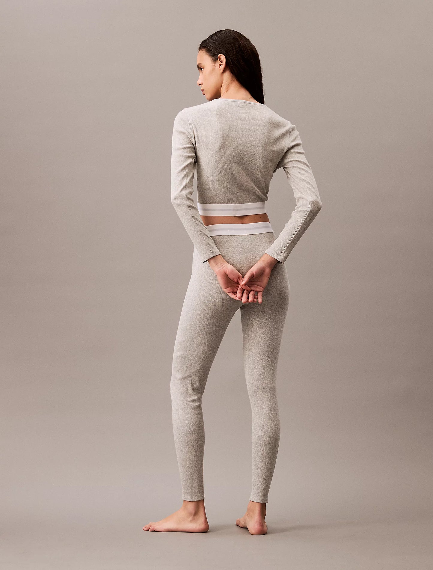 Calvin Klein MODERN RIB Womens Long-Sleeve Crop Top Crew Grey Heather