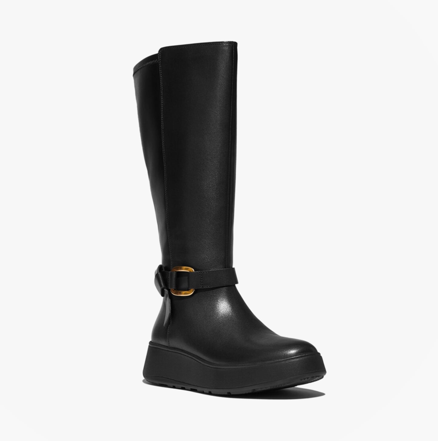 FitFlop F-MODE SQUARE-RING LEATHER FLATFORM Ladies Tall Boots Blac