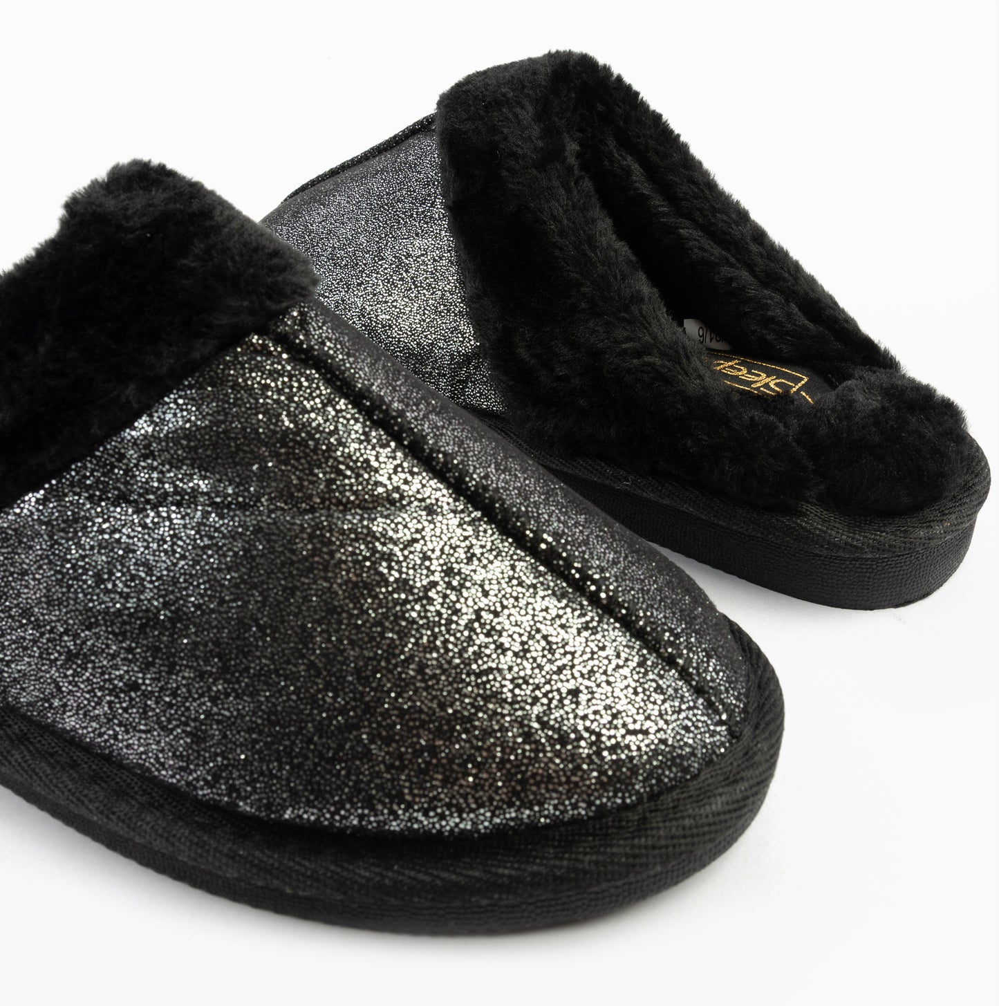 Sleepers JULIET Womens Fur Cuff Sparkle Mules Black