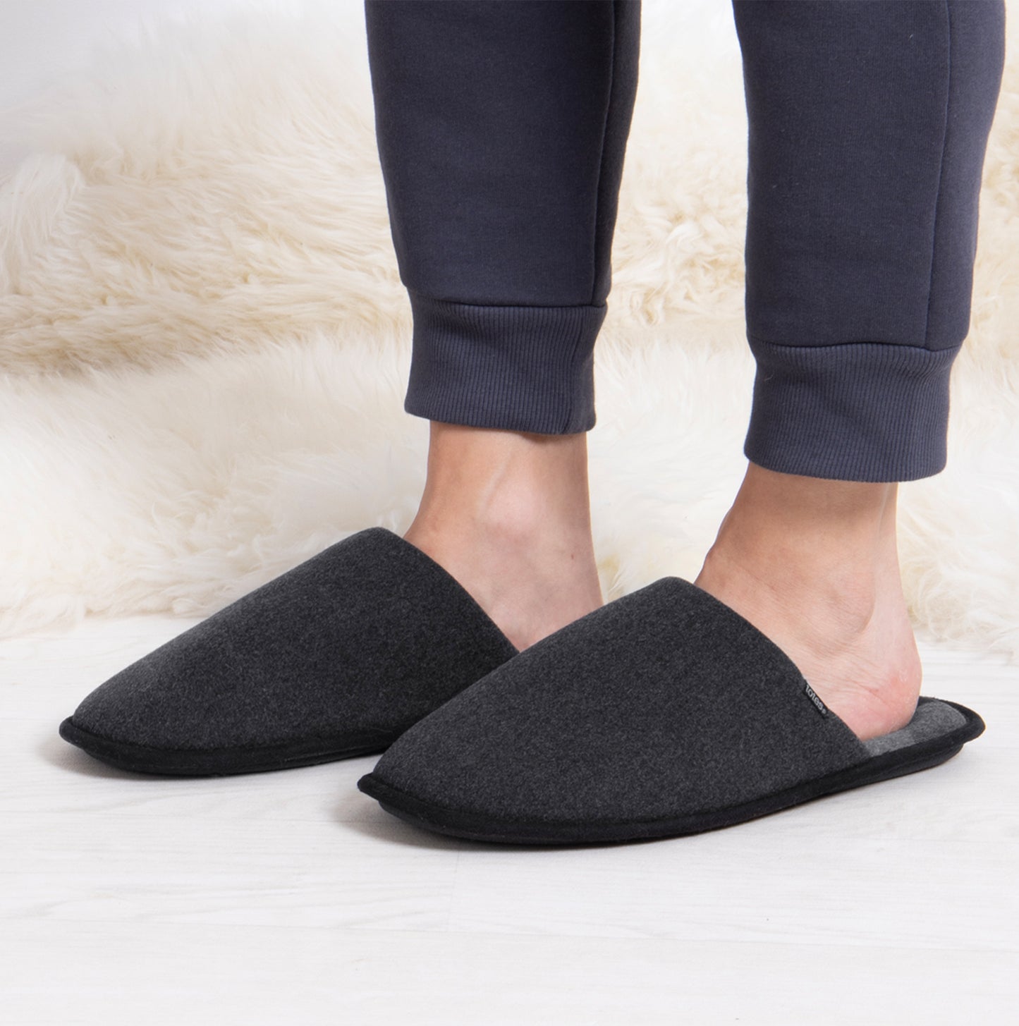 Totes Toasties JERSEY MULE Slippers WITH CHECK LINING Mens Charcoal