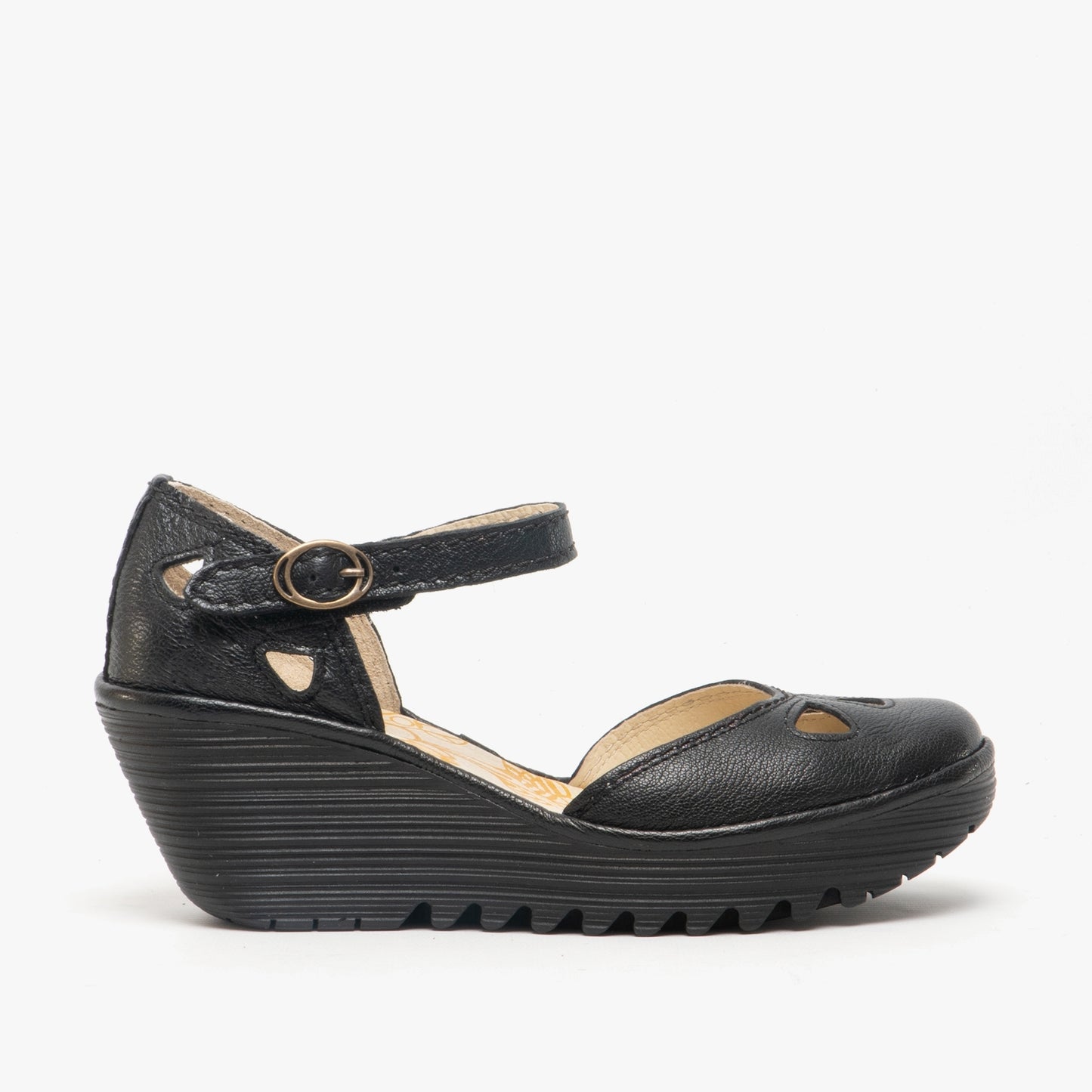 Fly London YUNA Womens Leather Cut Out Wedge Heel Shoes Black