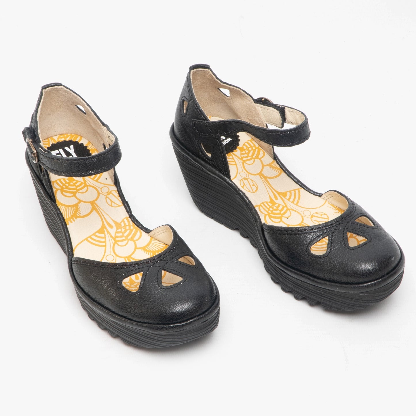 Fly London YUNA Womens Leather Cut Out Wedge Heel Shoes Black