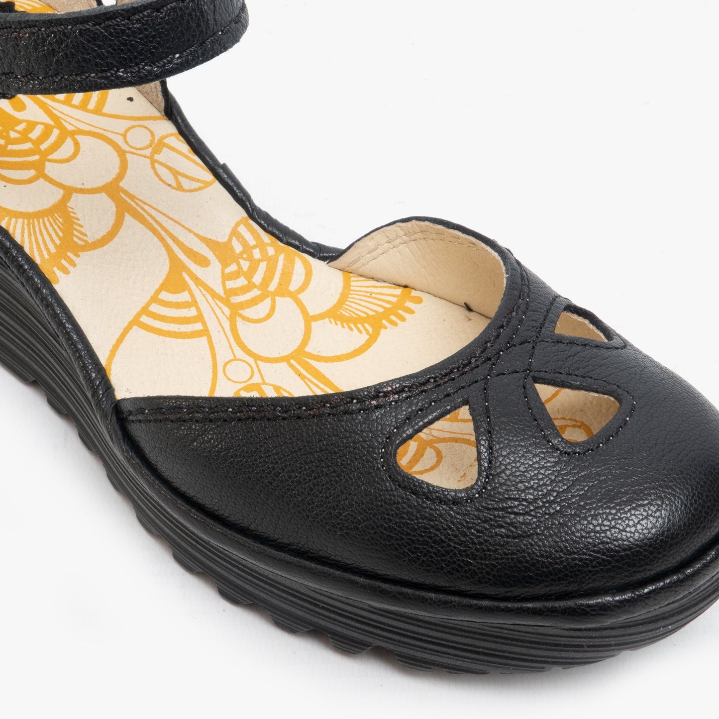 Fly London YUNA Womens Leather Cut Out Wedge Heel Shoes Black