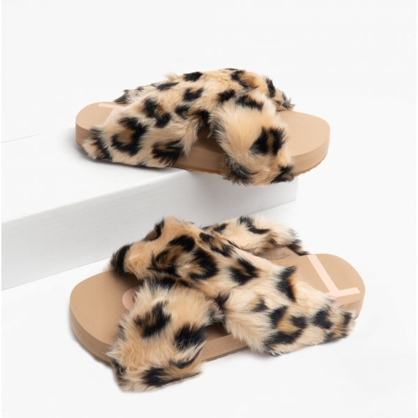 SUSIE Womens Faux Fur Mule Slippers Natural/Leopard