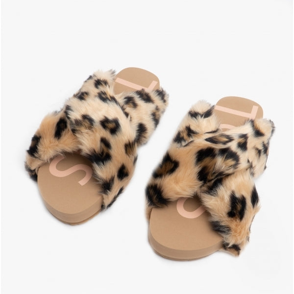 SUSIE Womens Faux Fur Mule Slippers Natural/Leopard