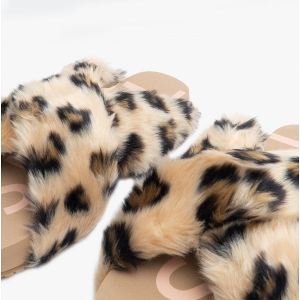 SUSIE Womens Faux Fur Mule Slippers Natural/Leopard