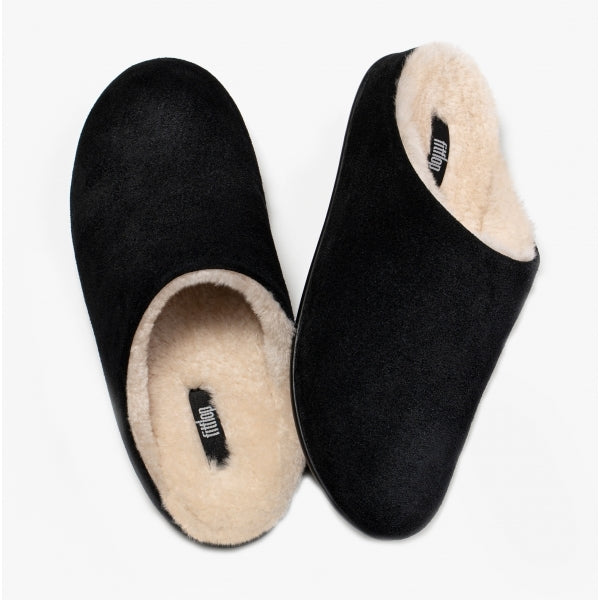 CHRISSIE SHEARLING Womens Suede Mule Slippers Black