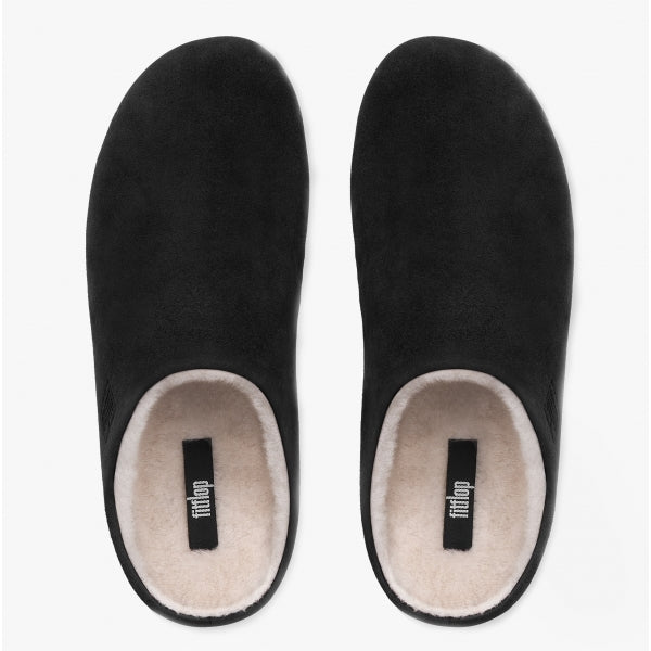 CHRISSIE SHEARLING Womens Suede Mule Slippers Black