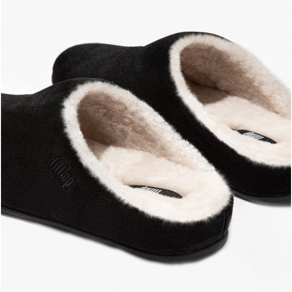 CHRISSIE SHEARLING Womens Suede Mule Slippers Black