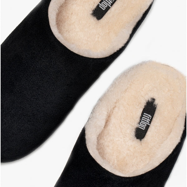 CHRISSIE SHEARLING Womens Suede Mule Slippers Black