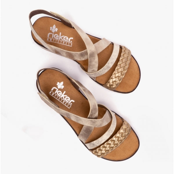 Rieker V3663 Womens Cross Strap Sandals Gold