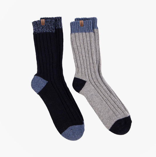 Totes Toasties 3281J CHUNKY TWIST WOOL BLEND BOOT SOCKS (TWIN PACK) Mens Thermal Socks Navy / Grey