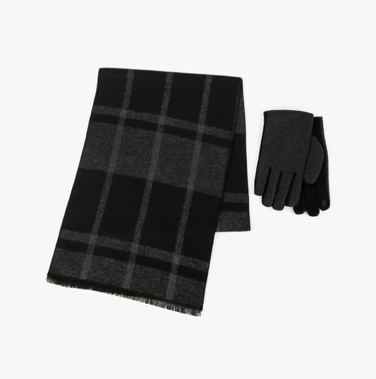 3412 WOOL BLEND CHECK SCARF & THERMAL LINED GLOVES GIFT SET Mens Winter Black