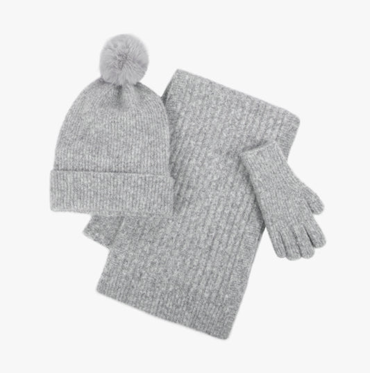 KNITTED HAT SCARF & GLOVE GIFT SET Womens Grey
