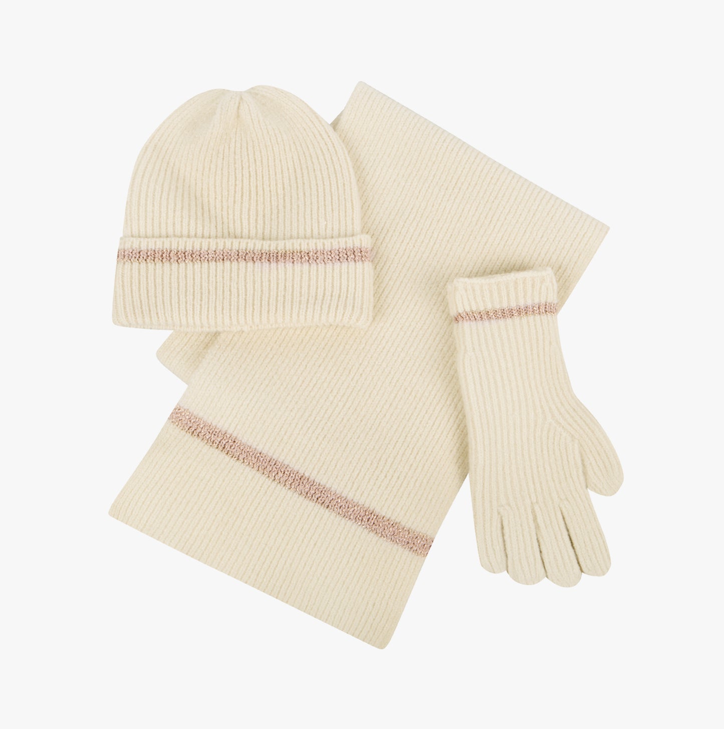KNITTED HAT SCARF & GLOVE GIFT SET Womens Oat