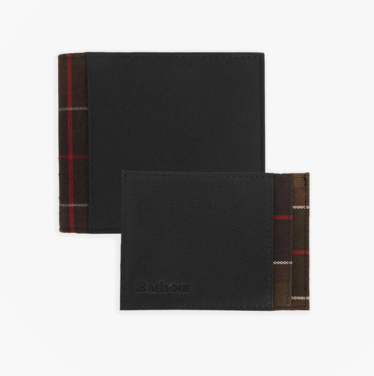 Barbour LEATHER/TARTAN WALLET & CARD HOLDER Gift Set Mens Wallet/Purse Black/Classic Tartan