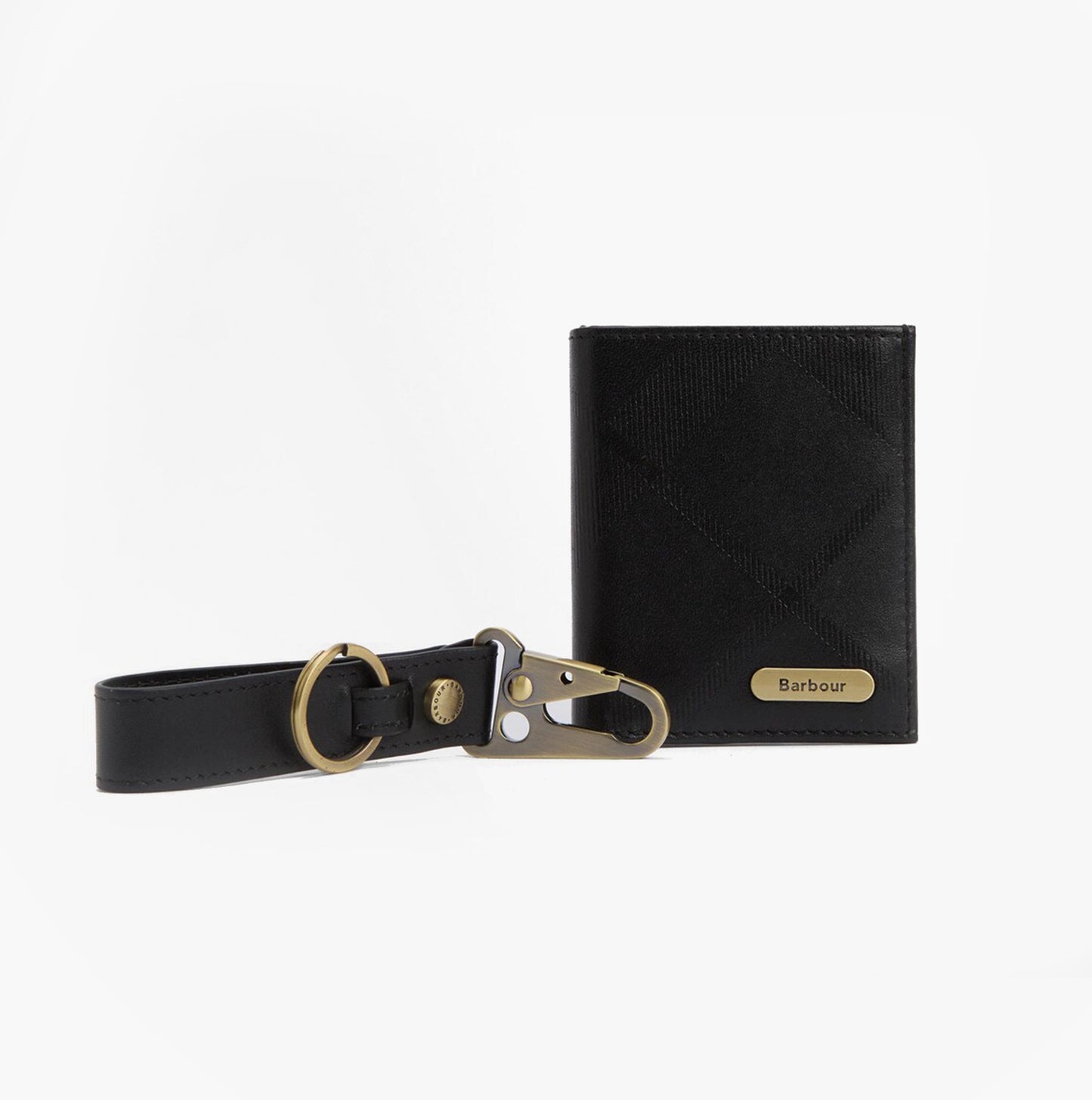 Barbour BRUNTON LEATHER Cardholder Gift Set Mens Black Tartan Emboss
