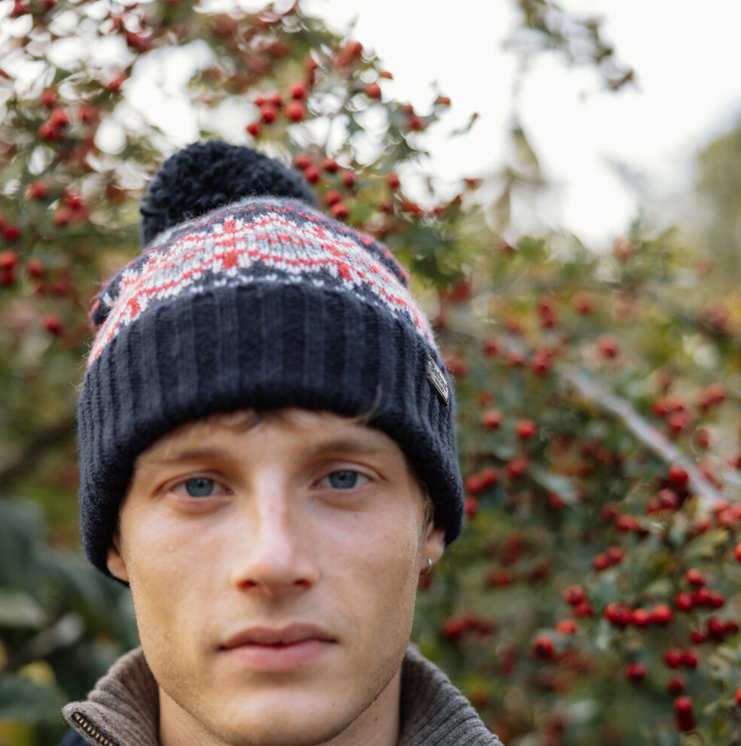 Barbour CASE FAIRISLE Mens Bobble Beanie Blue Granite