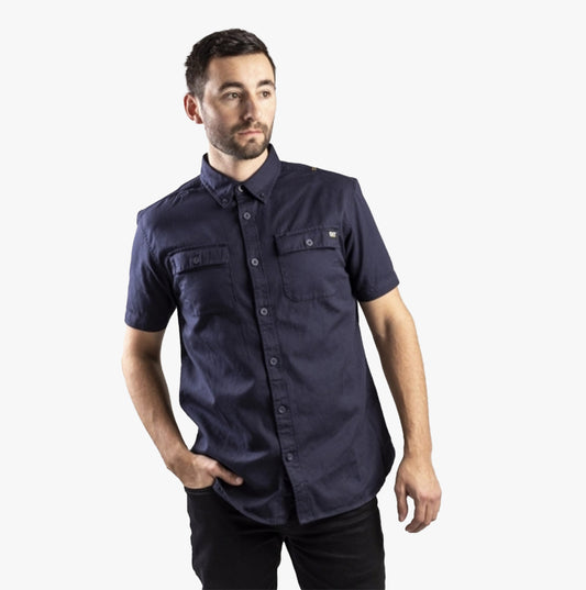 CAT BUTTON UP Mens Cotton Twill Short Sleeve Shirt Navy