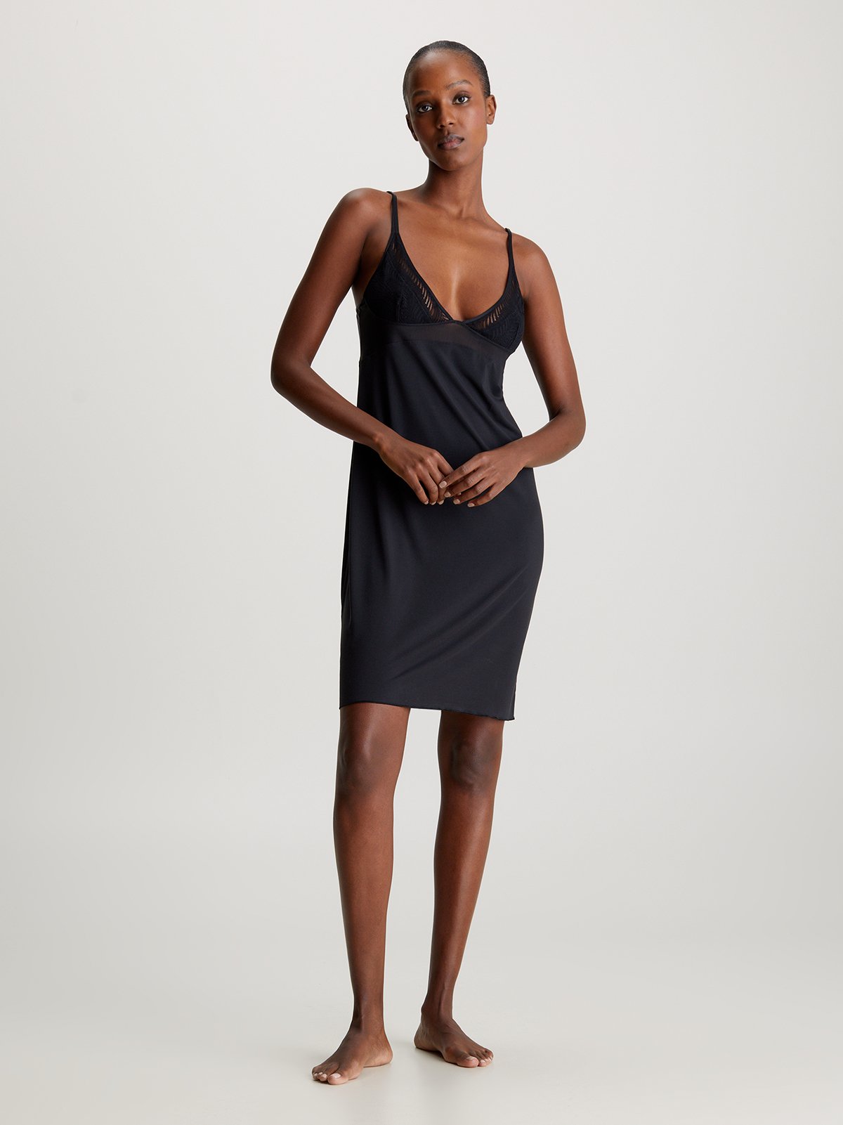 Calvin Klein SCULPT LACE LOUNGE Full Slip Nightdress Womens Black