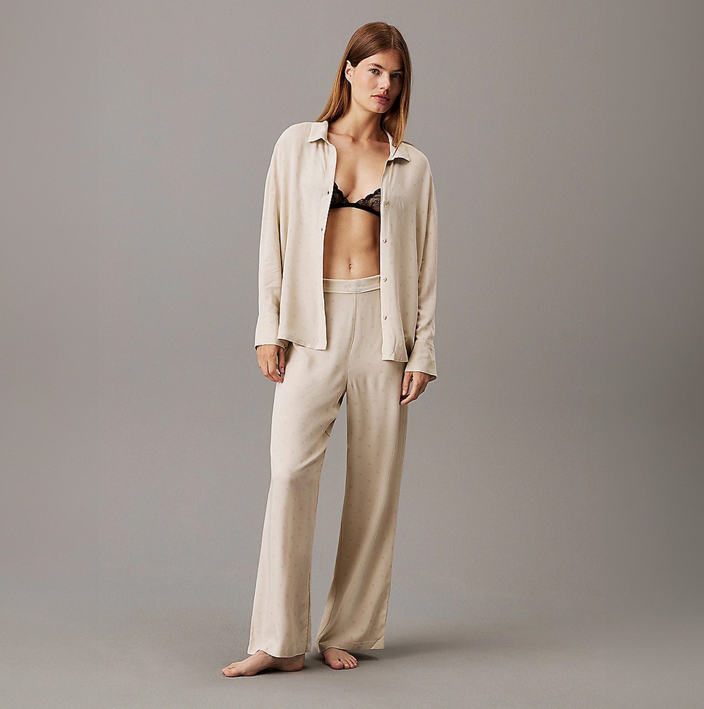 Calvin Klein WOVEN VISCOSE Womens Button Down Pants Set Diamond Logo/Cocoon