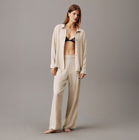 Calvin Klein WOVEN VISCOSE Womens Button Down Pants Set Diamond Logo/Cocoon