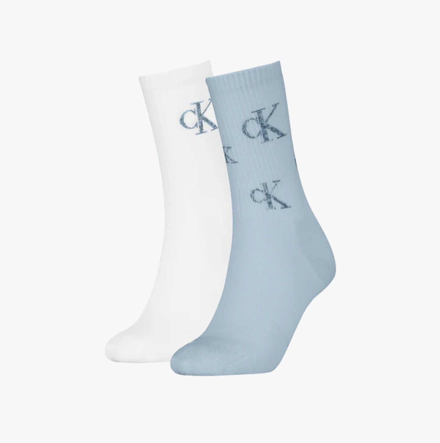 Calvin Klein 2 Pack Logo Trainer Womens Crew Socks Blue/White
