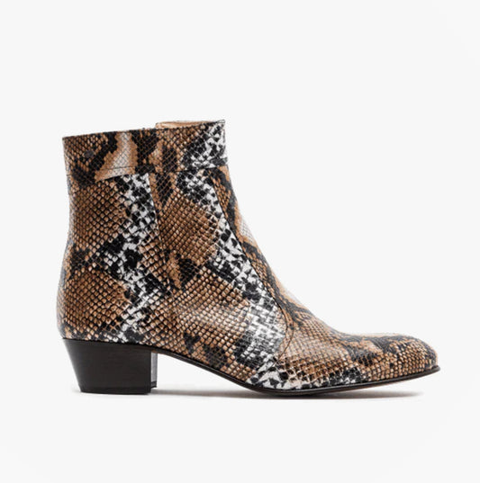 Club Cubano EMMANUEL Mens Snakeprint Leather Cuban Heel Boots Hielo