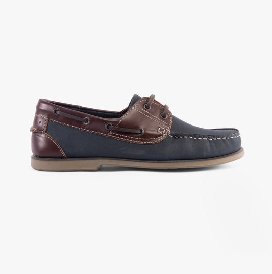 DEK RIVER Mens Leather Moccasin Boat Shoes Navy Blue/Brown