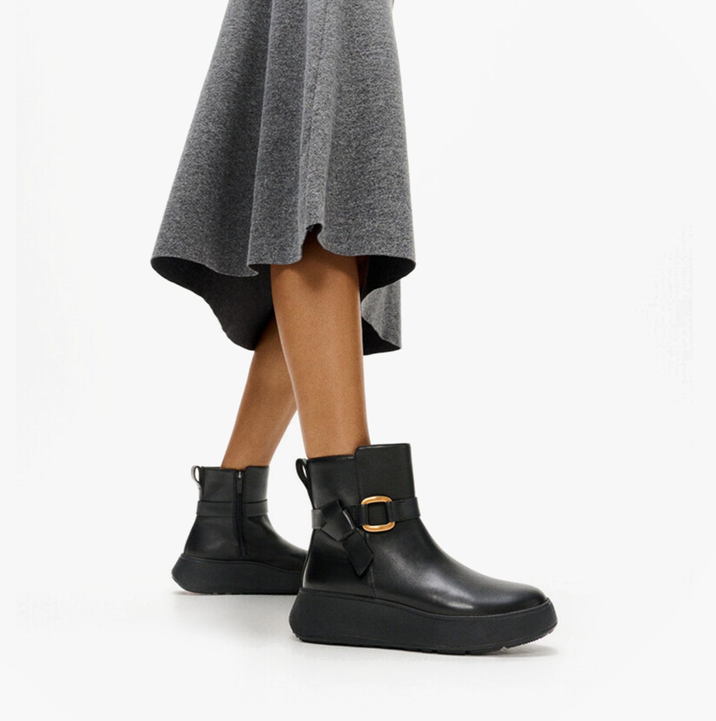 FitFlop F-MODE SQUARE-RING LEATHER FLATFORM Ladies Ankle Boots Black