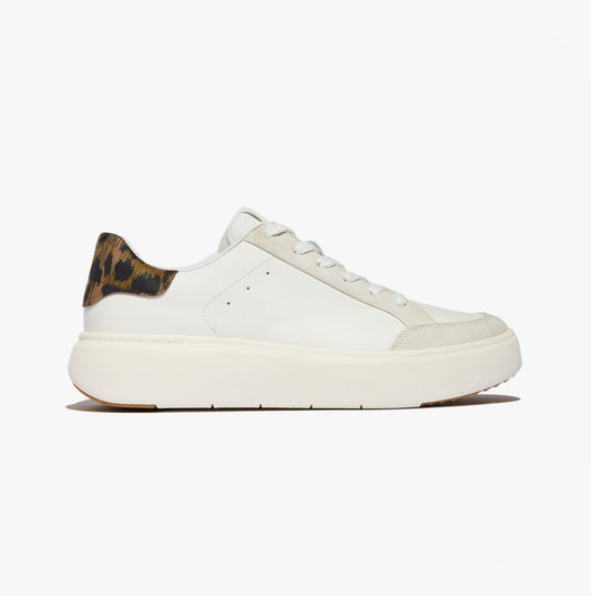 FitFlop RTG LEOPARD-BACKTAB LEATHER/SUEDE Womens Fashion Trainers Urban White/Chocolate Mix
