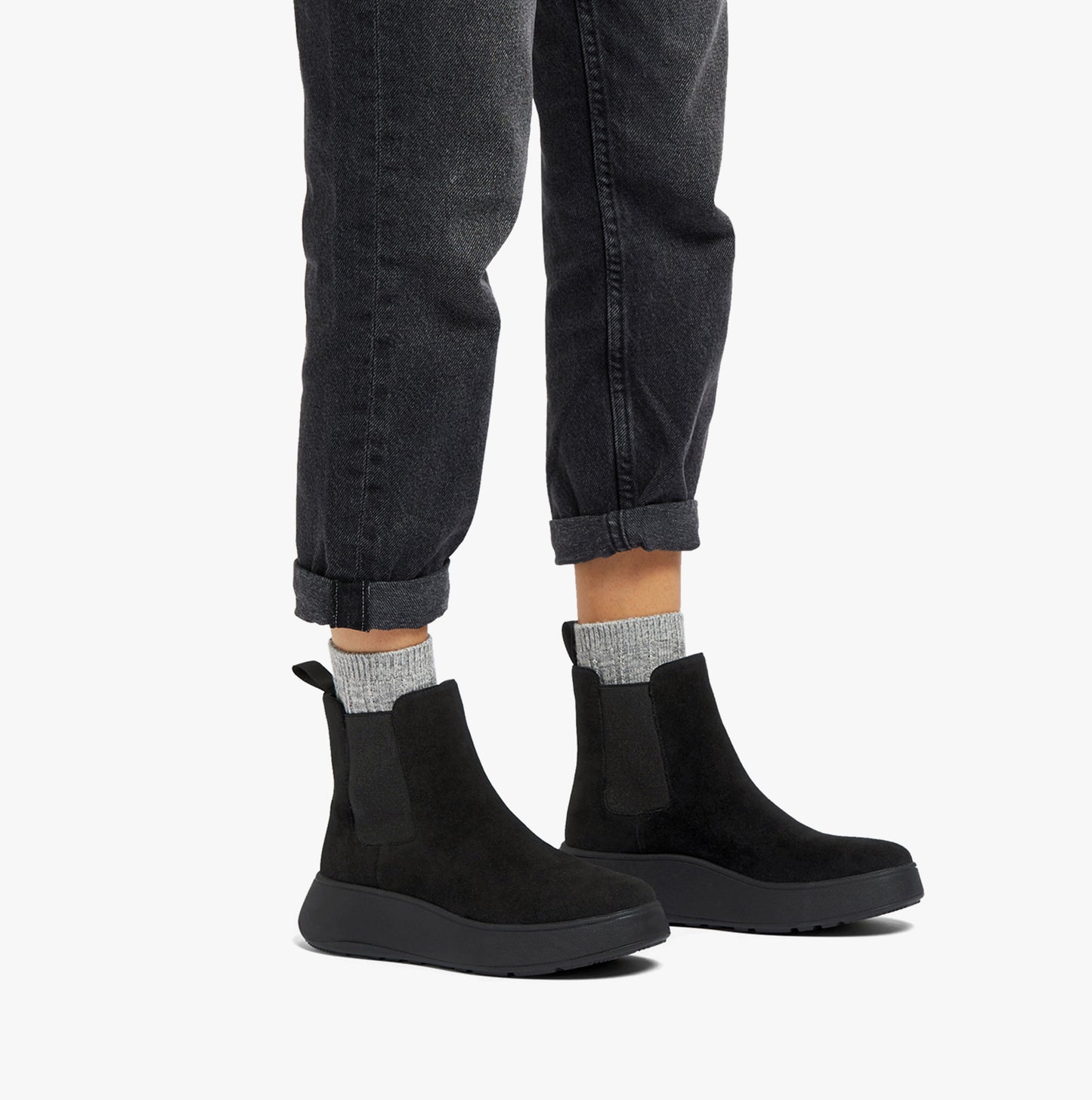 F-MODE SUEDE FLATFORM Womens Chelsea Boots Black