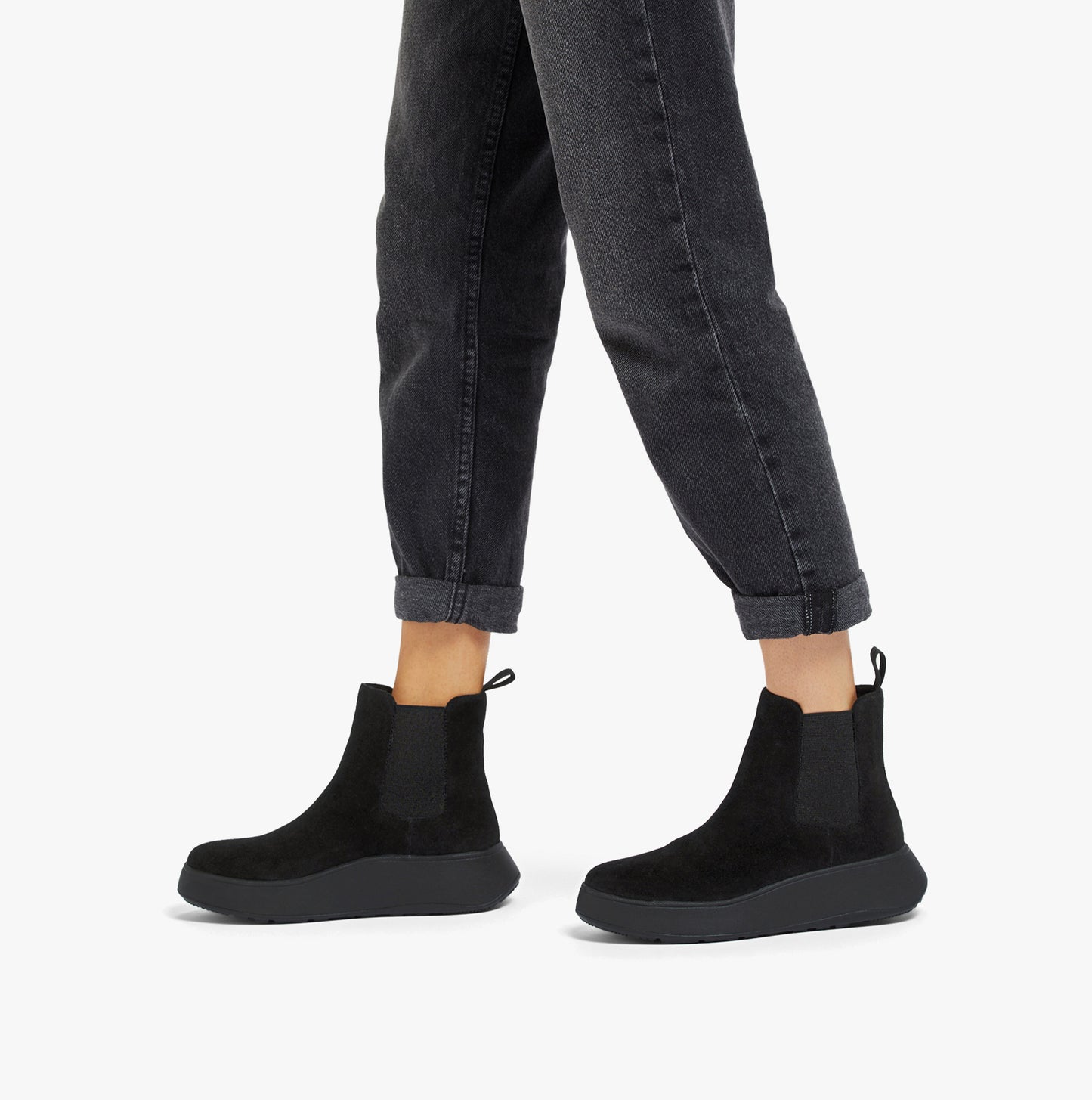 F-MODE SUEDE FLATFORM Womens Chelsea Boots Black