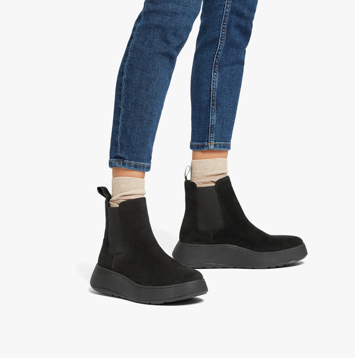 F-MODE SUEDE FLATFORM Womens Chelsea Boots Black