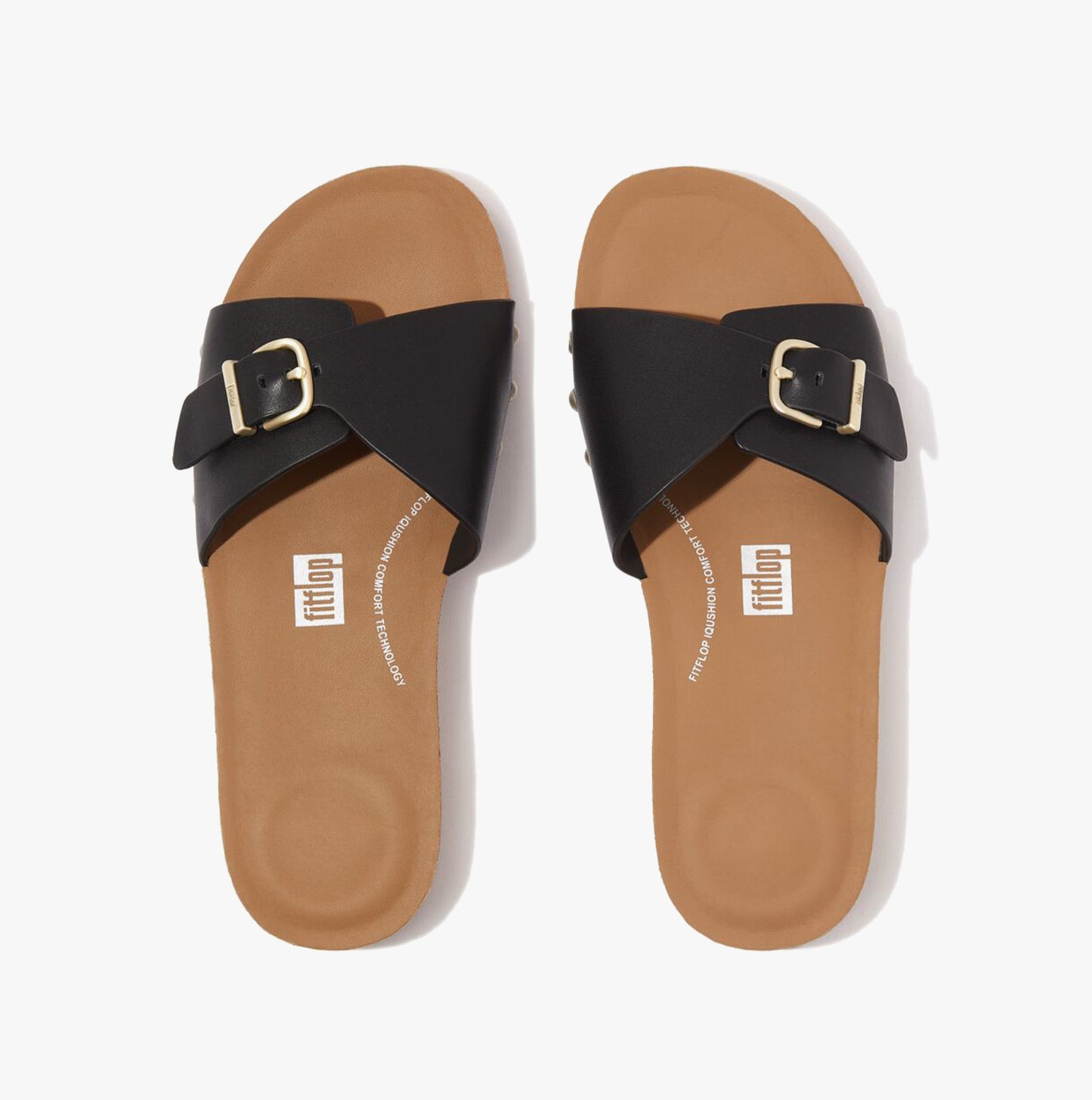 iQUSHION ADJUSTABLE BUCKLE LEATHER Womens Slides Black
