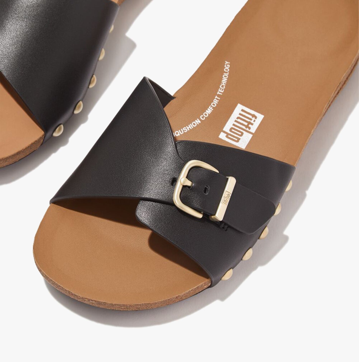 iQUSHION ADJUSTABLE BUCKLE LEATHER Womens Slides Black