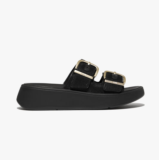 F-MODE BUCKLE SHIMMERLUX FLATFORM TWO-BAR Womens Slides Black