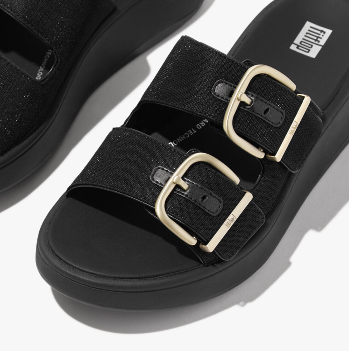 F-MODE BUCKLE SHIMMERLUX FLATFORM TWO-BAR Womens Slides Black