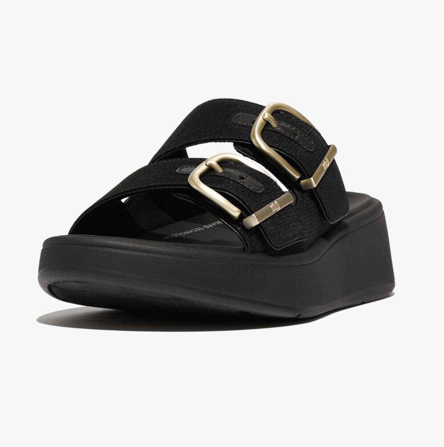 F-MODE BUCKLE SHIMMERLUX FLATFORM TWO-BAR Womens Slides Black
