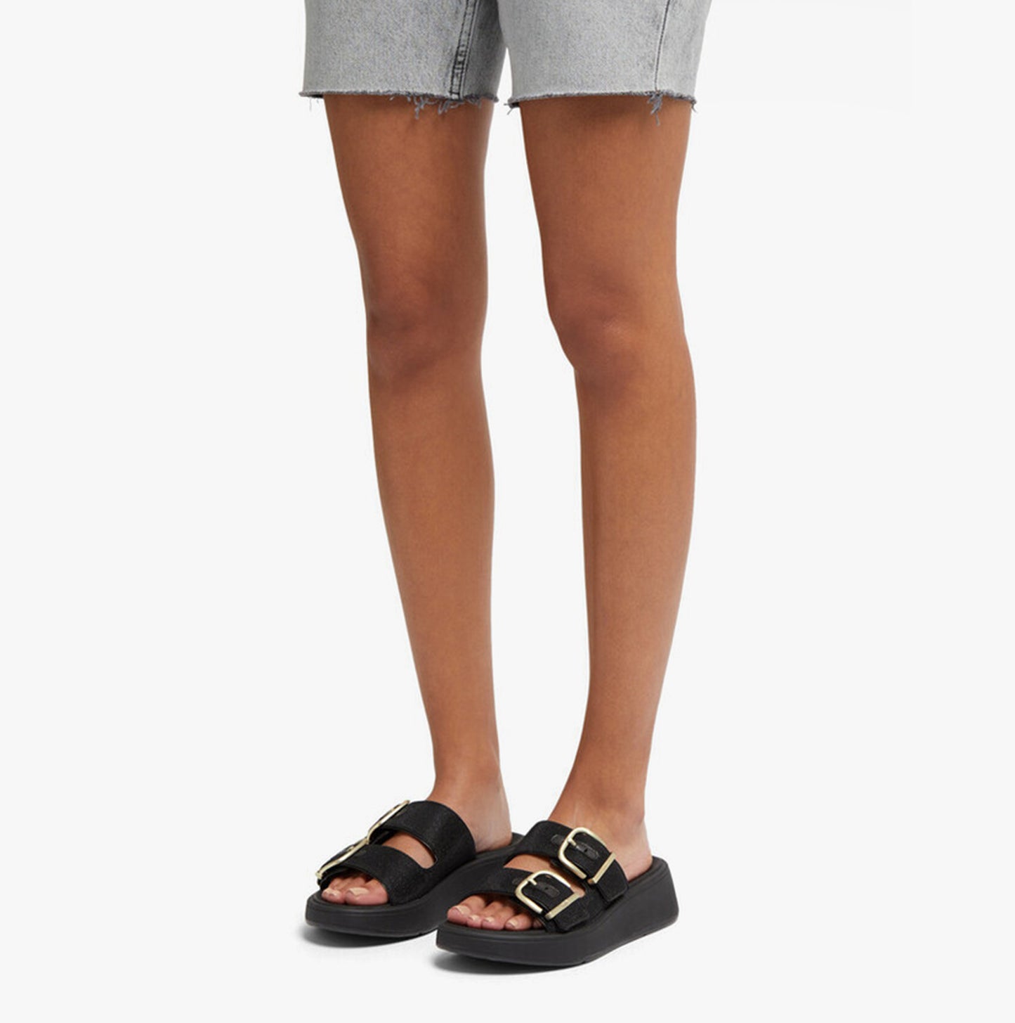 F-MODE BUCKLE SHIMMERLUX FLATFORM TWO-BAR Womens Slides Black