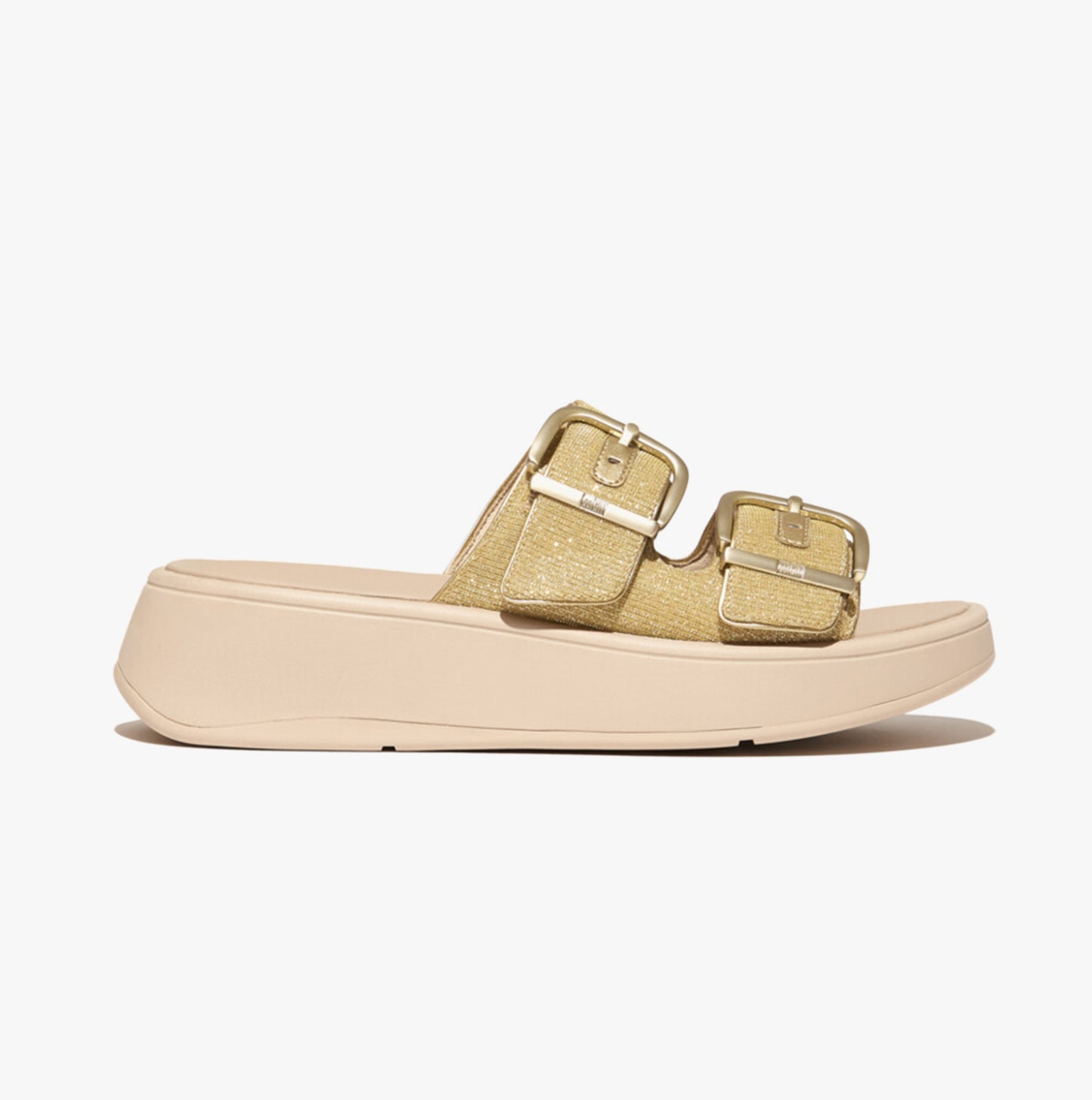 FitFlop F-MODE BUCKLE SHIMMERLUX FLATFORM TWO-BAR Womens Slides Platino