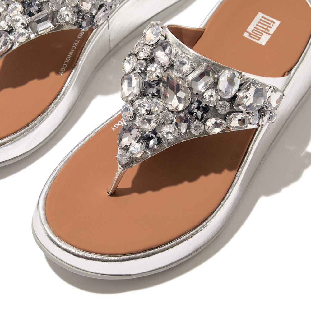 FitFlop F-MODE JEWEL-DELUXE Womens Toe Post Sandals Silver