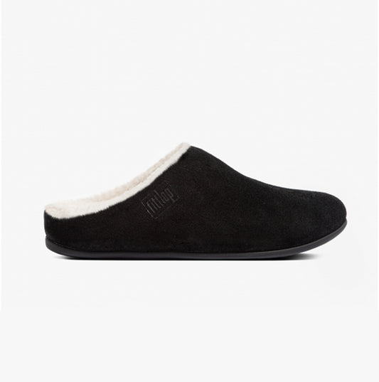 CHRISSIE SHEARLING Womens Suede Mule Slippers Black