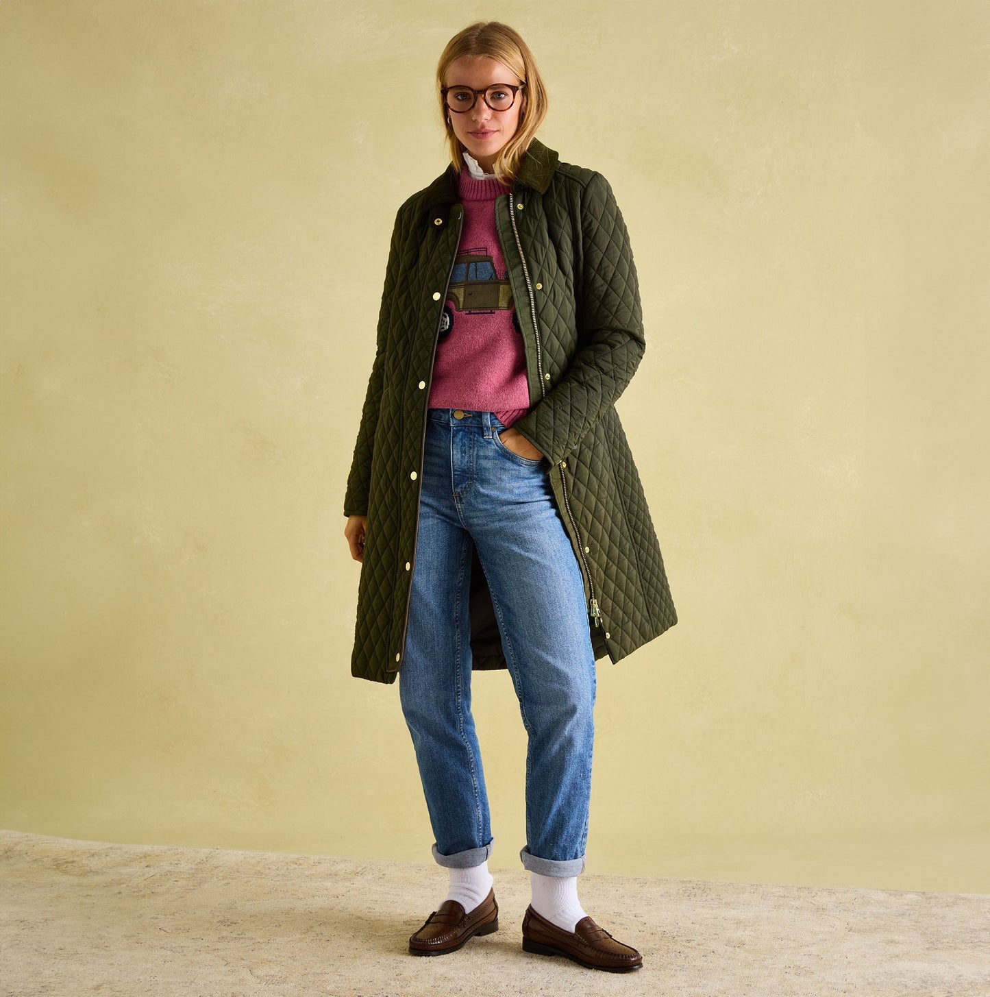Joules ROSEWELL Womens Longline Quilted Showerproof Coat Green