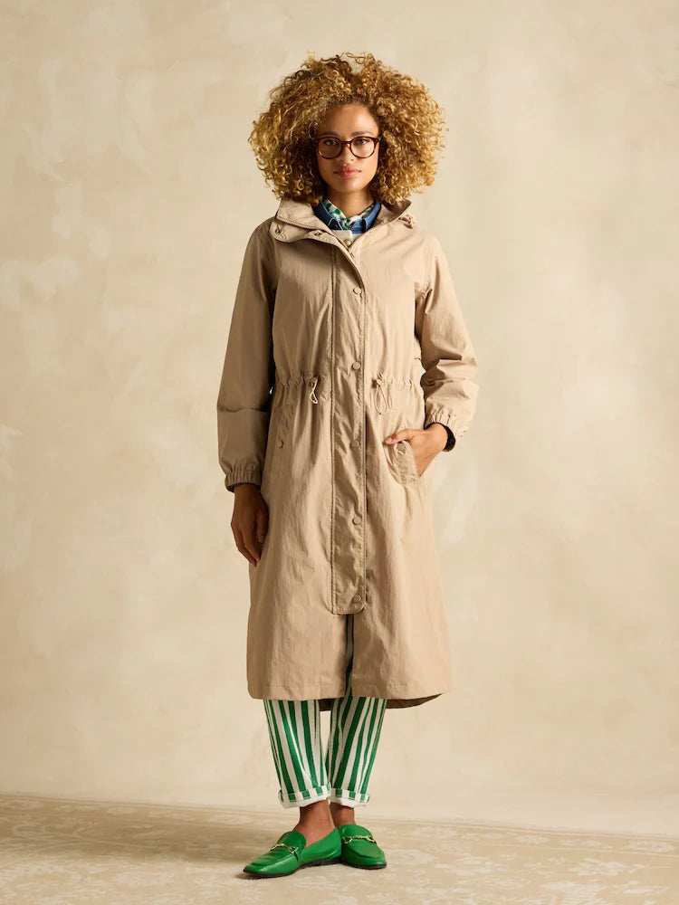 Joules Hensley Womens Waterproof Longline Coat with Packable Hood Tan Brown
