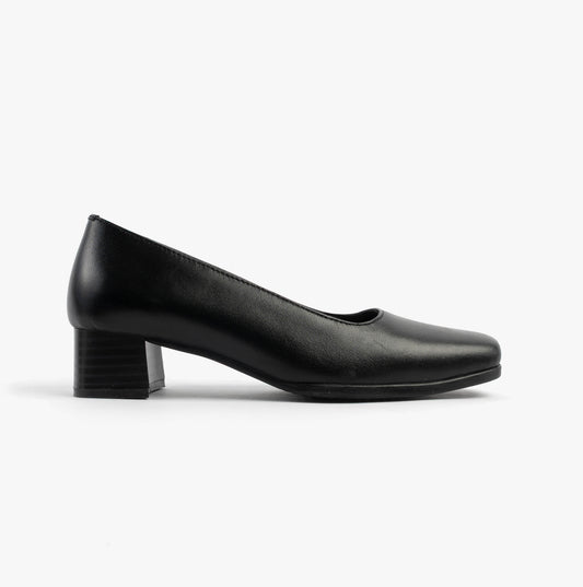 TARA Womens Low Block Heel Court Shoes Black