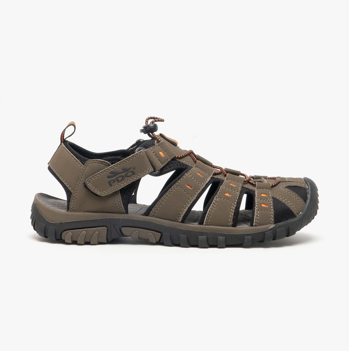 PDQ KEN Mens Nubuck Toggle & Velcro Trail Sandals Dark Taupe/Orange