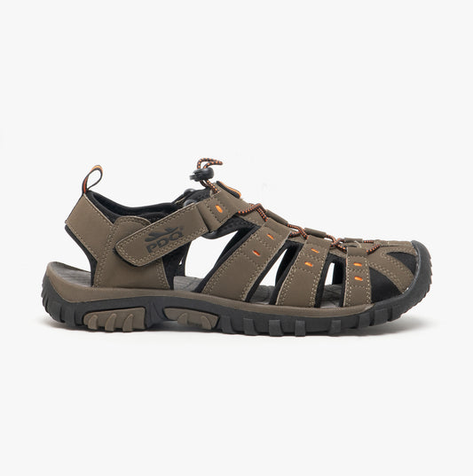 PDQ KEN Mens Nubuck Toggle & Velcro Trail Sandals Dark Taupe/Orange